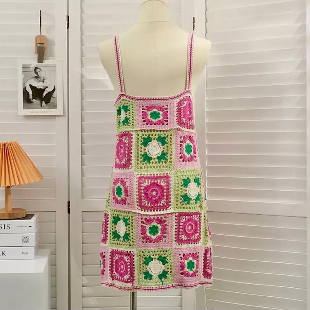 Crochet Knit Cut Out Sleeveless Spaghetti Strap Summer Patchwork Mini Dress - Picture 12 of 12